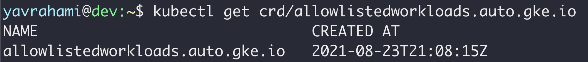 In searching for GKE Autopilot vulnerabilities, we noted that Autopilot installs a CRD named allowlistedworkloads, as shown here. 