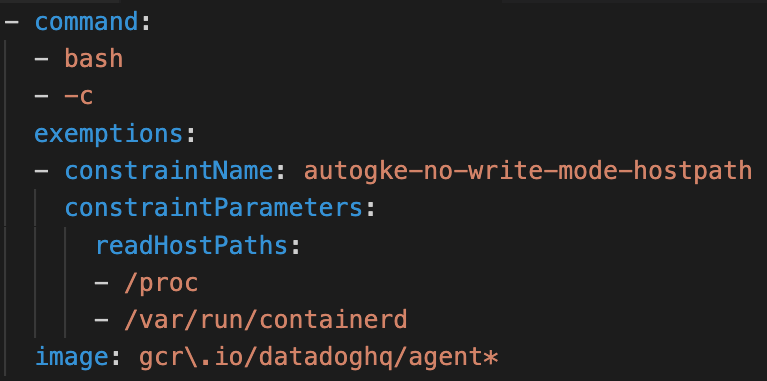 A captura de tela mostra a configuração de carga de trabalho permitida para um dos agentes do Datadog que chamou nossa atenção ao pesquisar vulnerabilidades do GKE Autopilot.