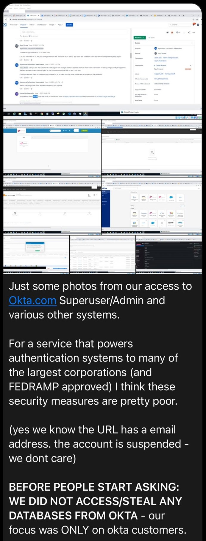 A screenshot from the Lapsus$ Group's Telegram channel, apparently showing evidence of an Okta breach. 