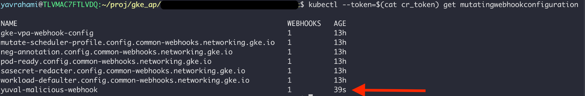 Um webhook de admissão mutante malicioso instalado ao abusar das vulnerabilidades e técnicas de ataque relatadas do GKE.  Observe que ver o backdoor exigia o token de administrador irrestrito adquirido no ataque.