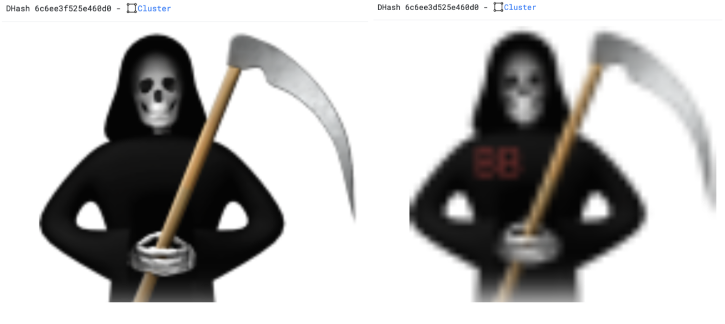 BlackByte executable icons shown here resemble a grim reaper. The newer version, shown on the right, includes the letters "BB" on the reaper's clothing. 