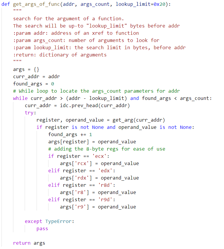 The code shown here will search and extract the required parameters for resolving the API function calls.