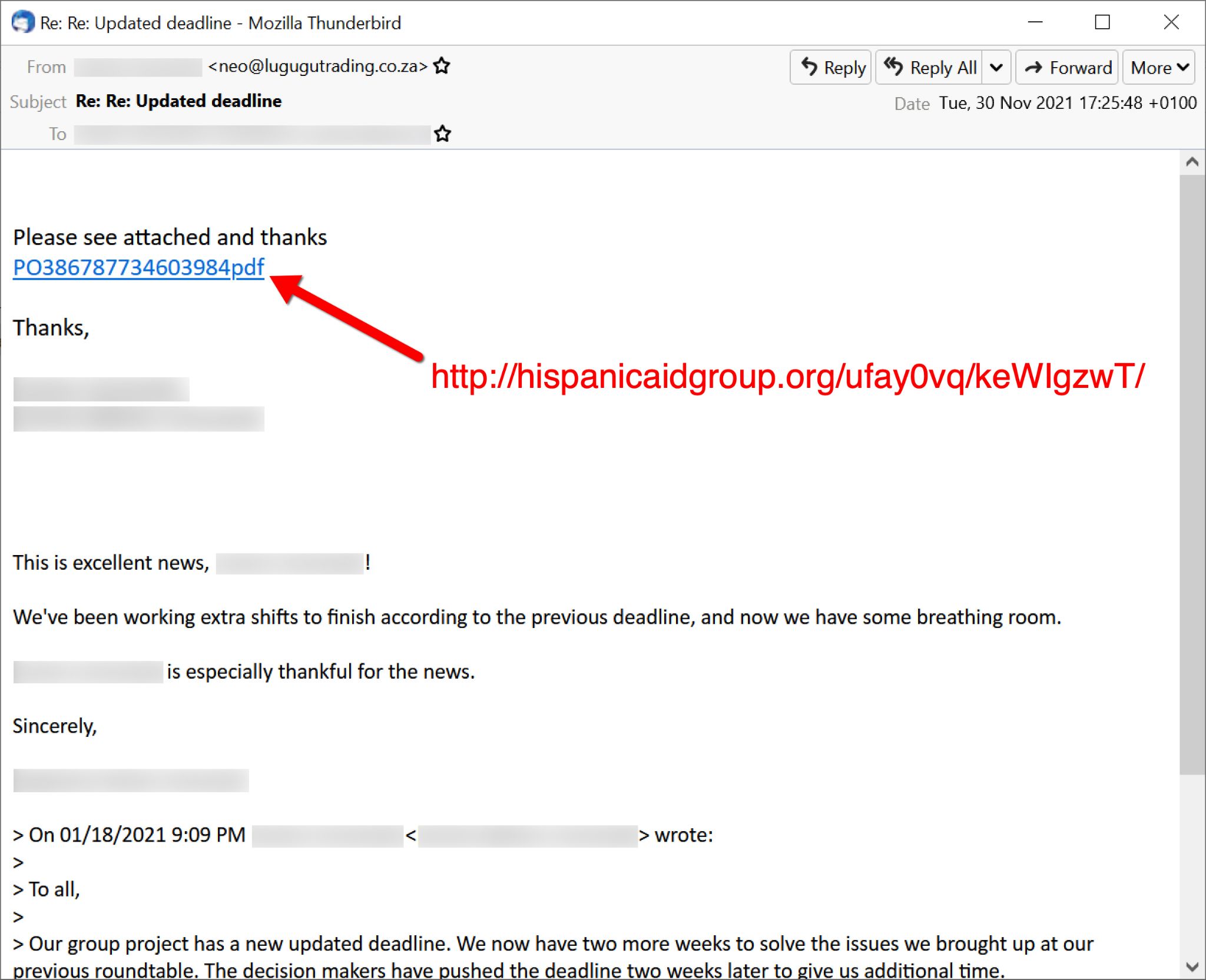 Thread-hijacked email from Nov. 30. The malicious link appears toward the top and seems to be a PDF. The actual destination of the malicious link is superimposed in red over the screenshot. 