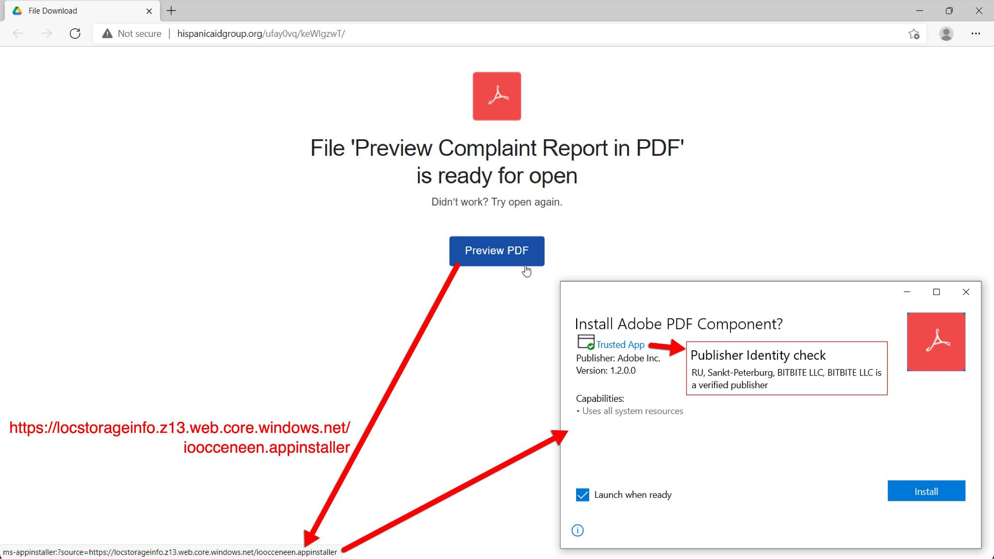 Fake complaint report page links to .appinstaller file for Emotet. Red arrows show what happens if the user clicks the "Preview PDF" button shown in the screenshot. The malicious link that is the actual destination of the button is superimposed over the screenshot in red. 
