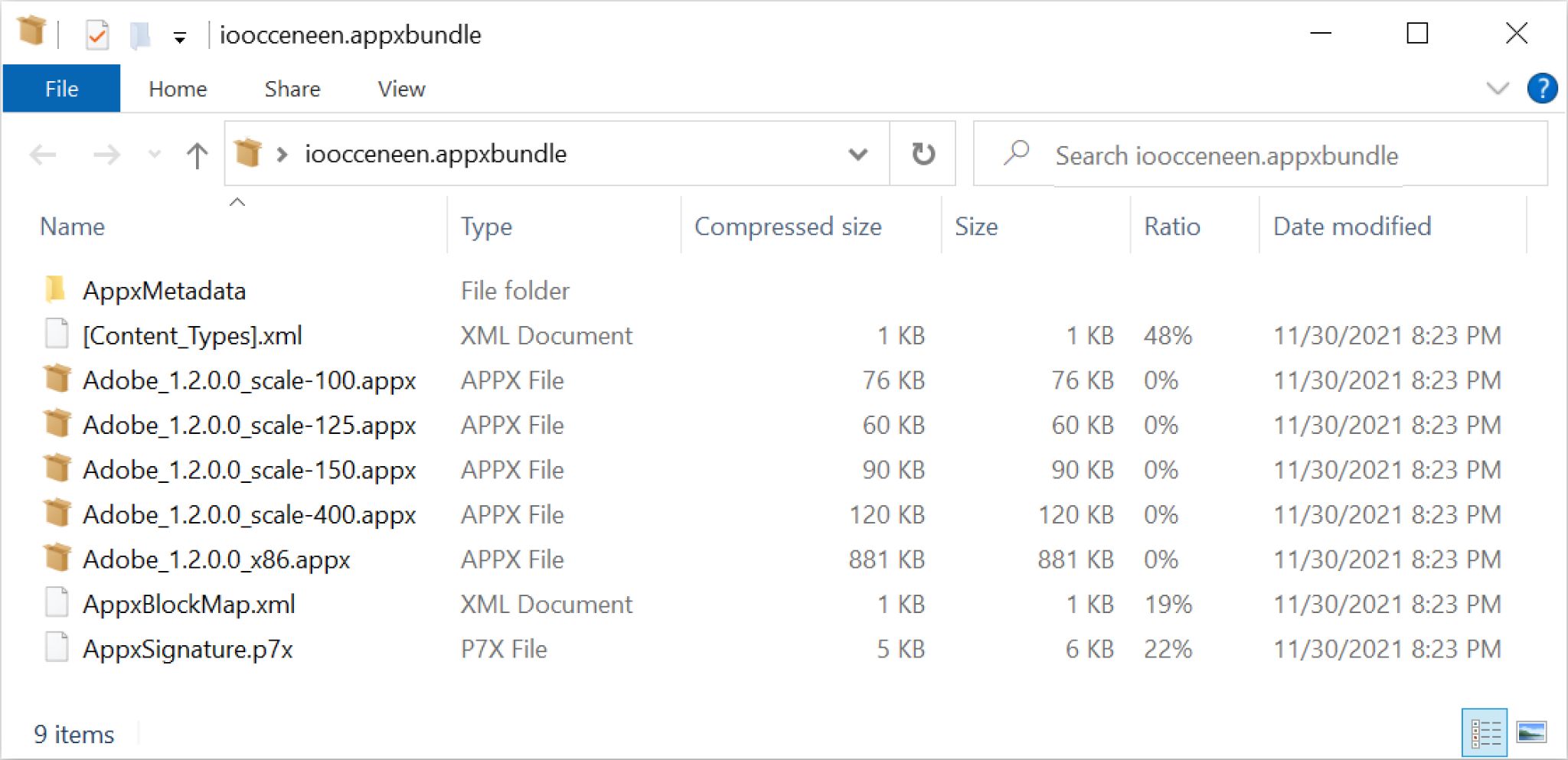 Contents of the malicious .appxbundle. It contains various files including ZIP archives with an .appx file extension. The entire .appxbundle is designed to retrieve an Emotet DLL and run it on a vulnerable Windows host. 