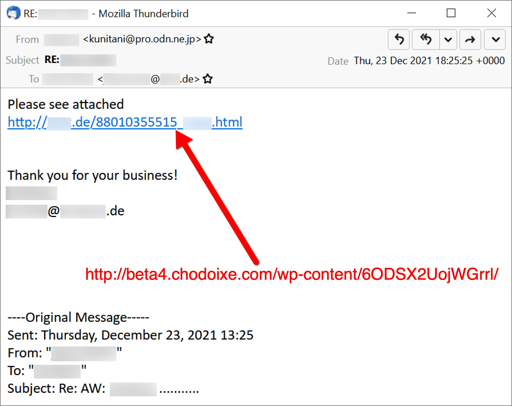 Email from Dec. 23 pushing Emotet. A red arrow draws attention to the malicious link, and the malicious link's actual destination is shown in red. 