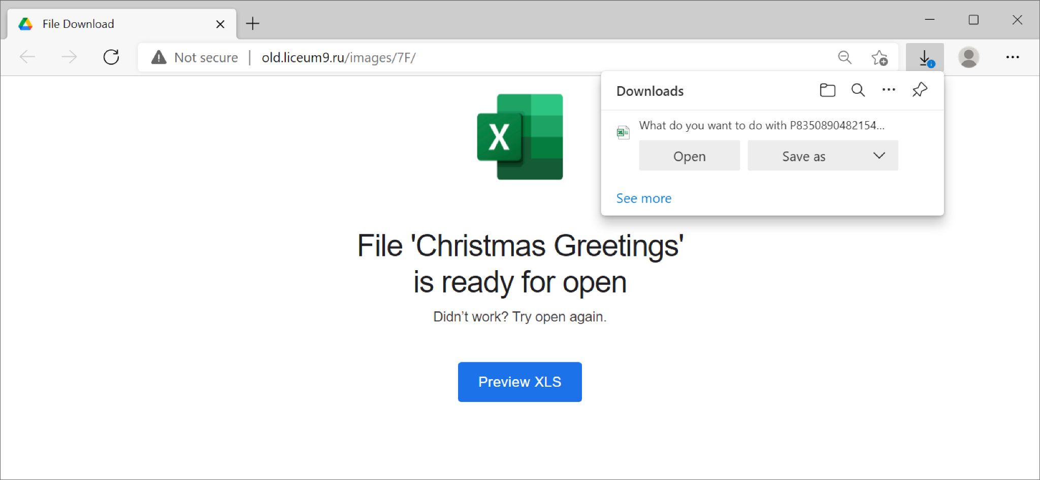 Website delivering a malicious Excel spreadsheet leading to Emotet. The page says, "File 'Christmas Greetings' is ready for open."