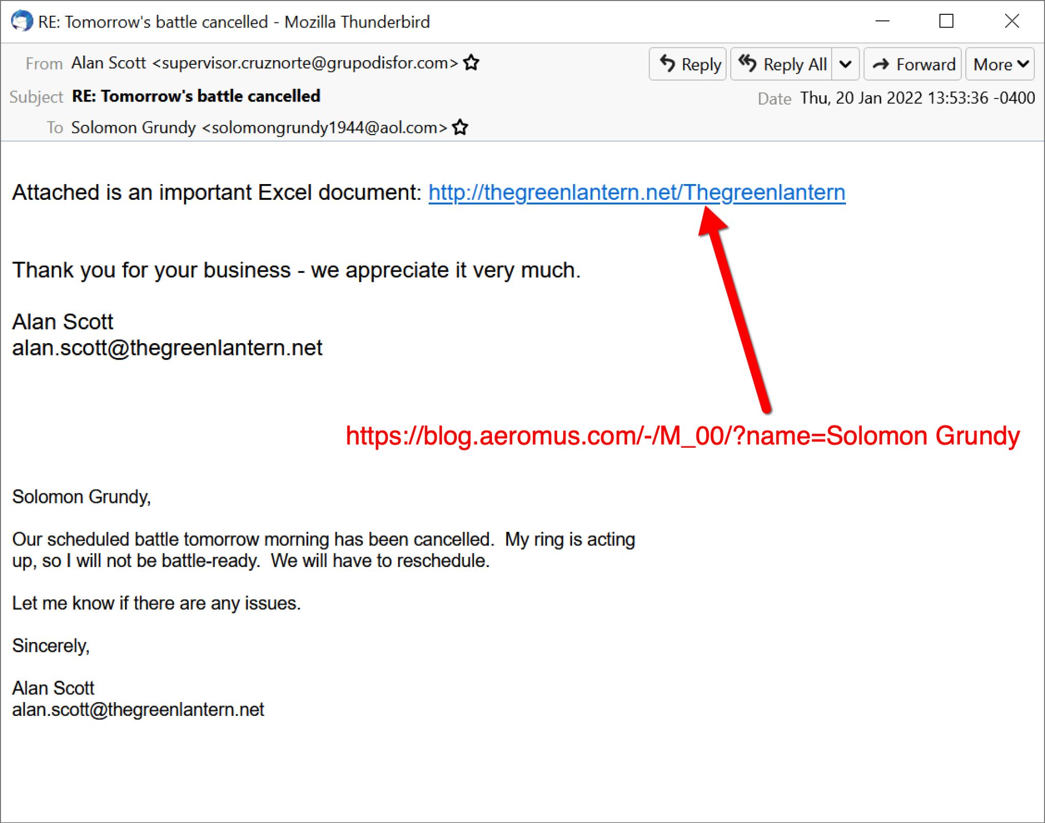 Emotet email from Jan. 20. The malicious link is indicated by a red arrow. Its actual destination is shown in red. 