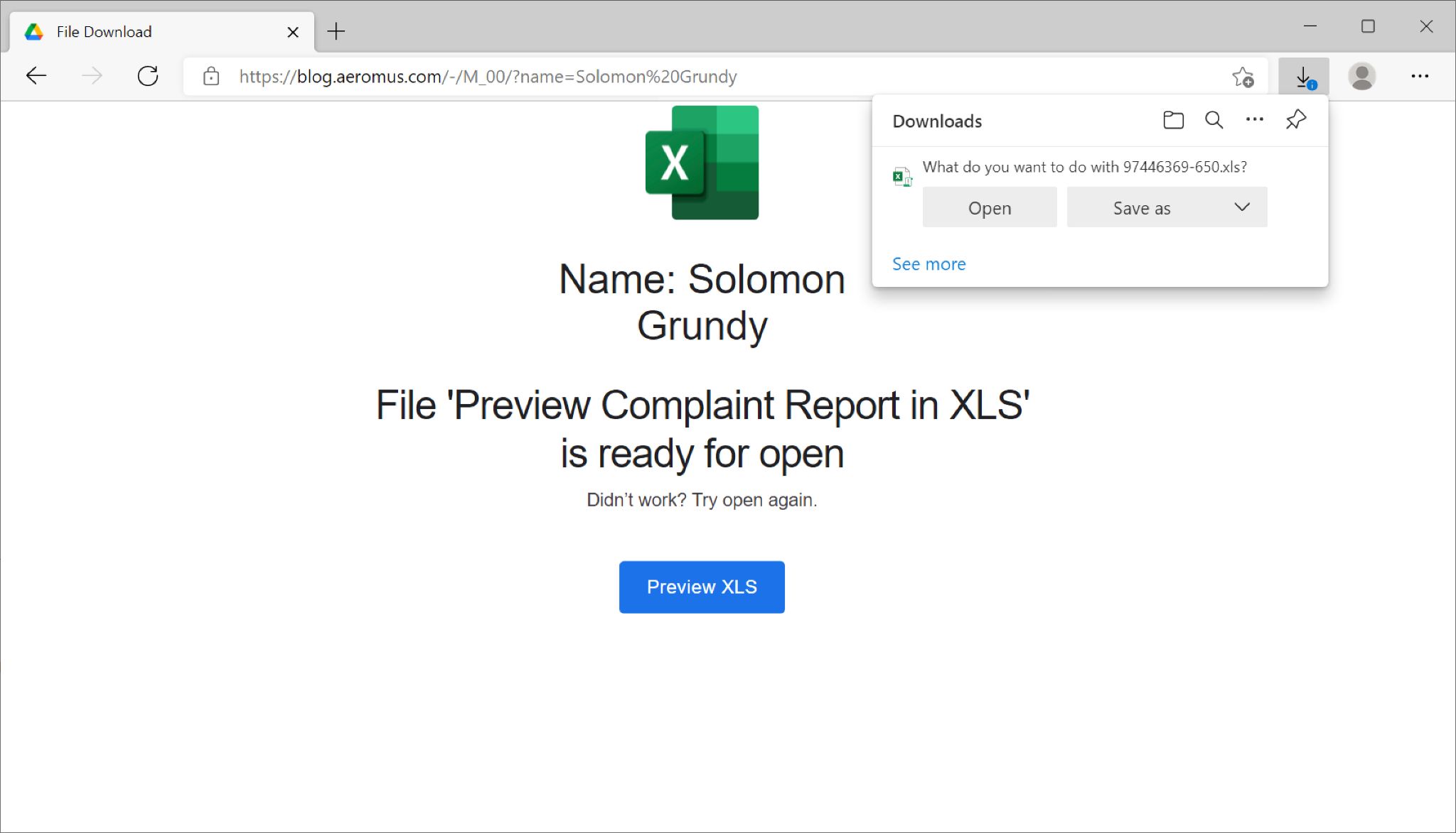 Fake complaint report page attempts to deliver a malicious Excel spreadsheet as shown. The screenshot reads, "File 'Preview Complaint Report in XLS' is ready for open." 