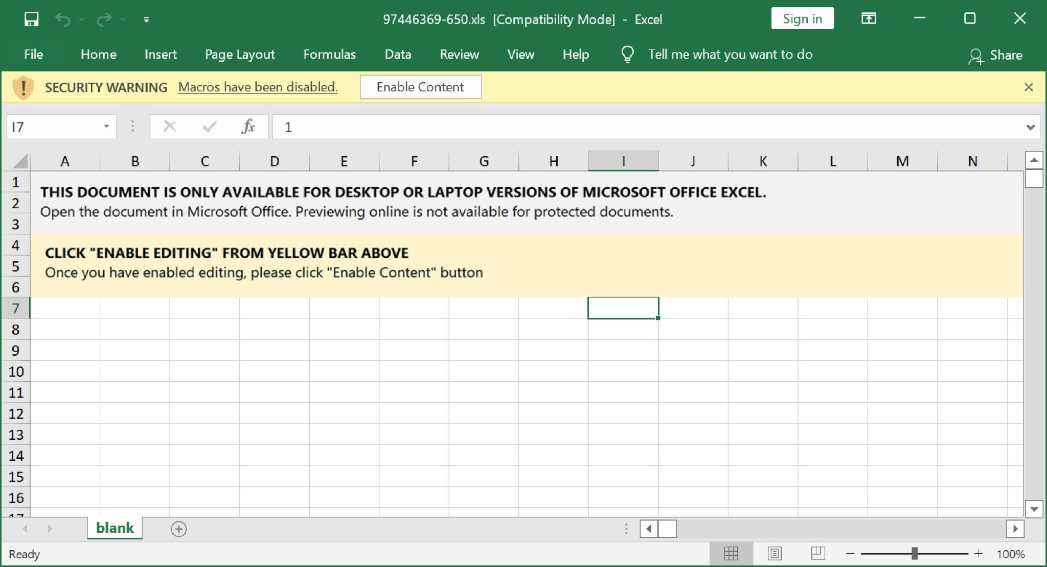 Excel spreadsheet for Emotet downloaded from fake complaint report web page. Note that the spreadsheet attempts to trick the user into enabling macros. 