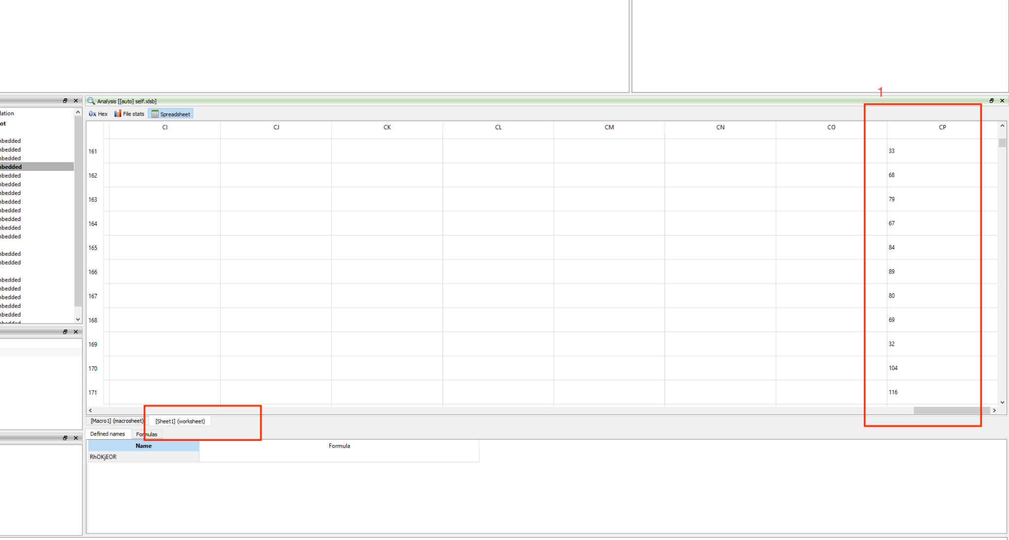 The red box indicated by the number 1 shows an HTA script stored in ASCII values. 