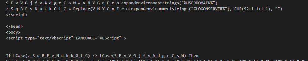 HTA dropper checking for the environment variables LOGONSERVER and USERDOMAIN. 