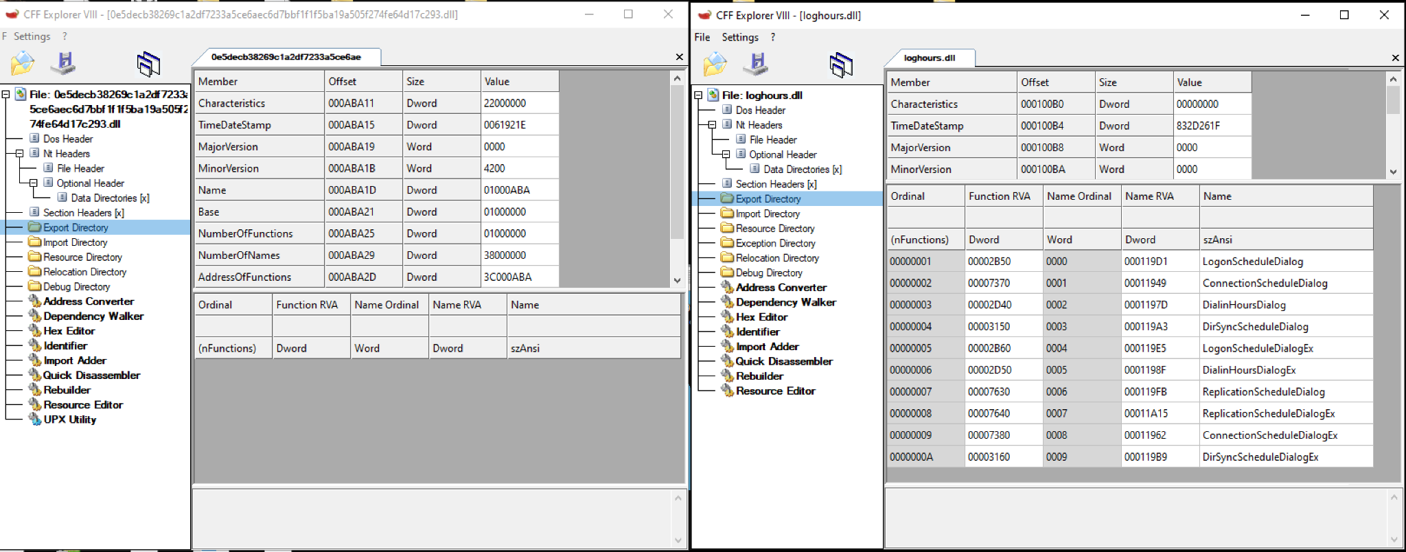 The left side of the screenshot shots the missing method, DirSyncScheduleDialog. The right side shows the legitimate Windows loghours.dll with exported function DirSyncScheduleDialog. 