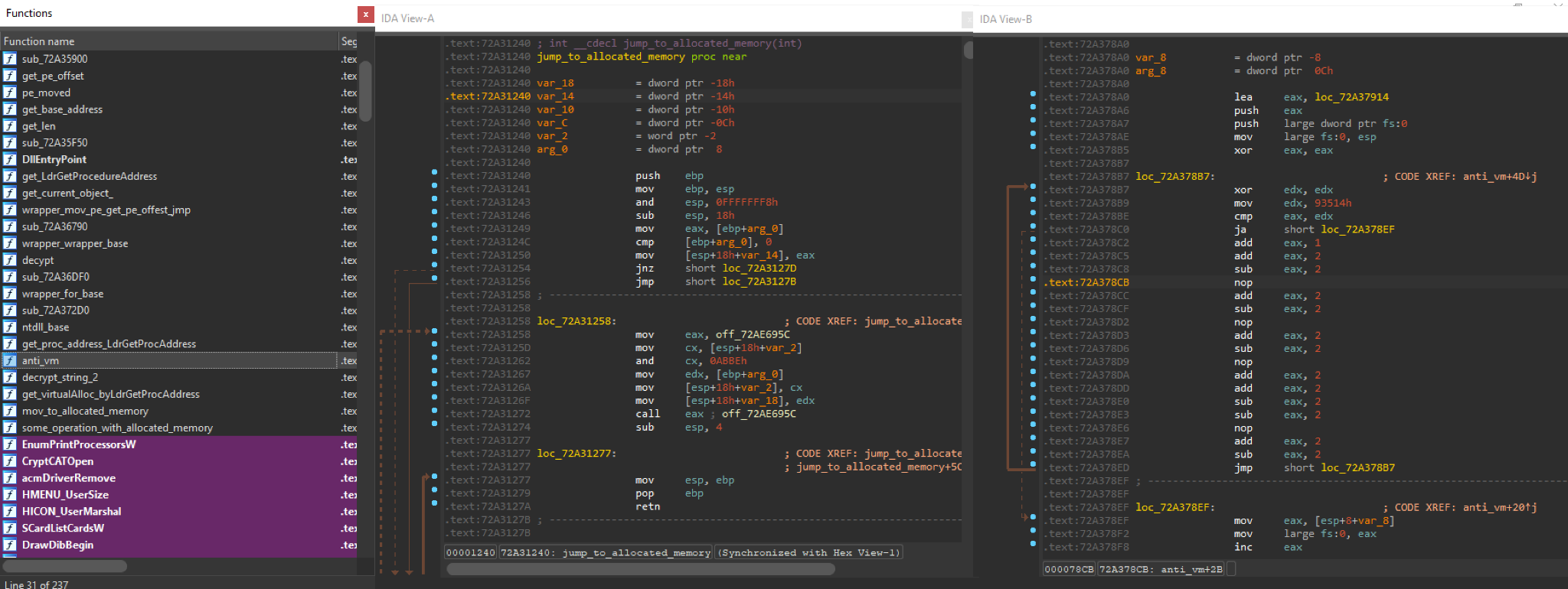 enamed functions (left); jump to allocated memory (center); anti-VM function, CC bytes replaced with NOP (right).