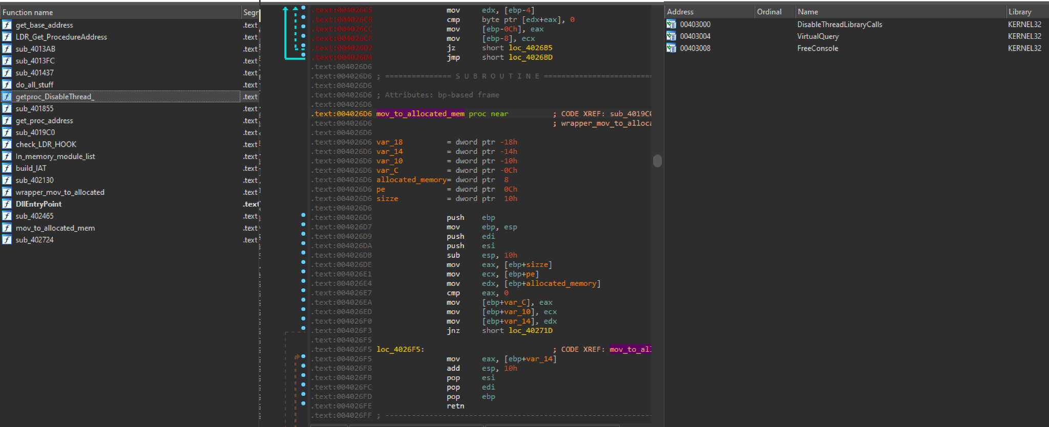 Renamed functions (left), check for LdrLoadDll hook (center), disableThreadLibraryCalls in imports (right).