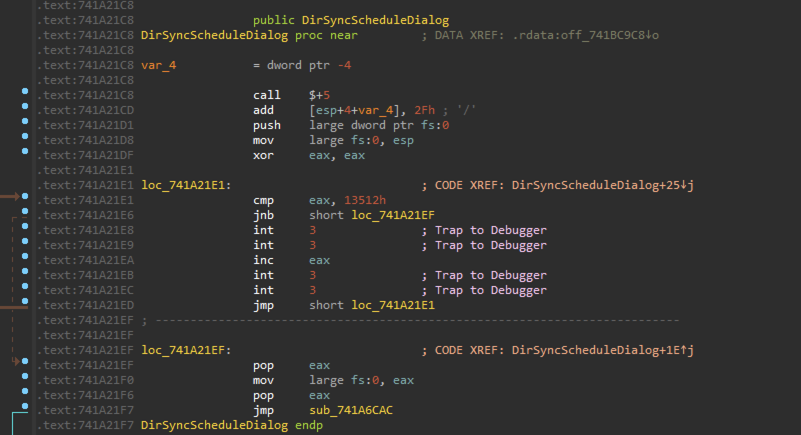 Dridex Loader EP; anti-VM loop can be noticed in start.