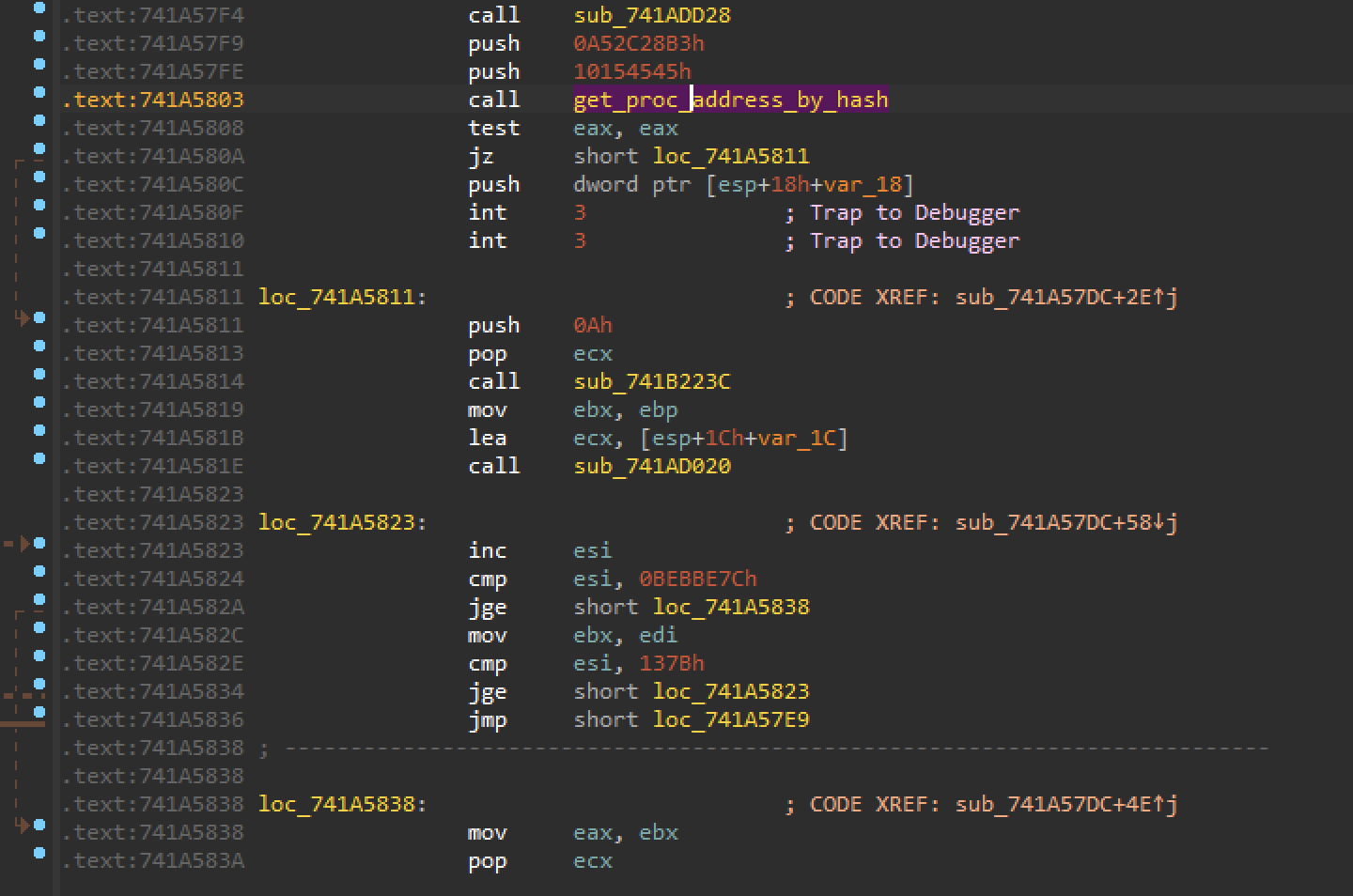 Call to get_proc_address_by_hash function and CC CC bytes (call eax).