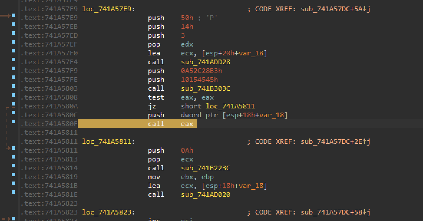 An IDA script to patch all CC CC instructions with FF D0 can patch the two INT3 instructions, as shown. 