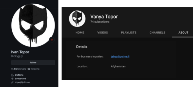 Figure 18. GitHub account for l4ckyguy (left) and YouTube account for Vanya Topor (right).