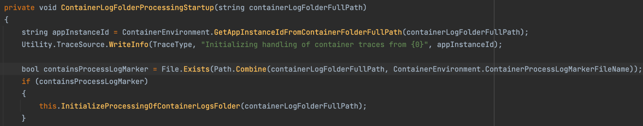 Code snippet begins with "private void ContainerLogFolderProcessingStartup(string containerLogFolderFullPath)"