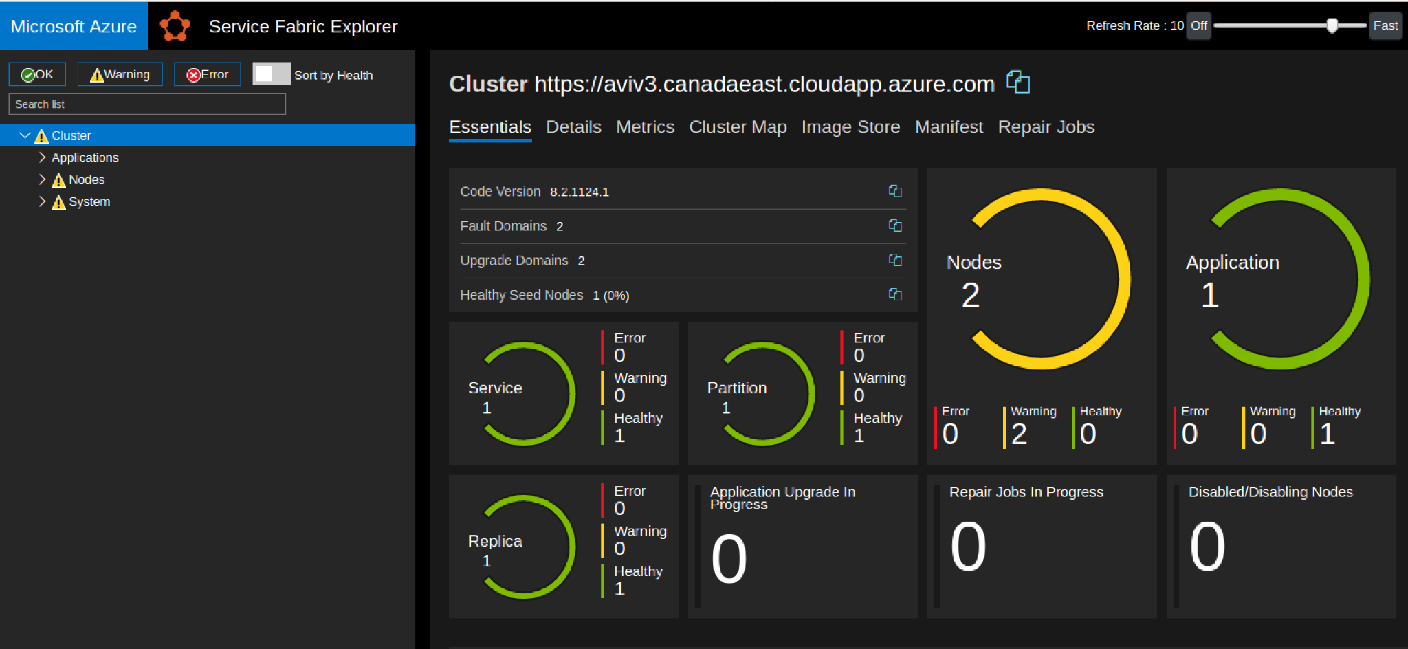 A screenshot of the interface called Service Fabric Explorer that is included in Microsoft Azure