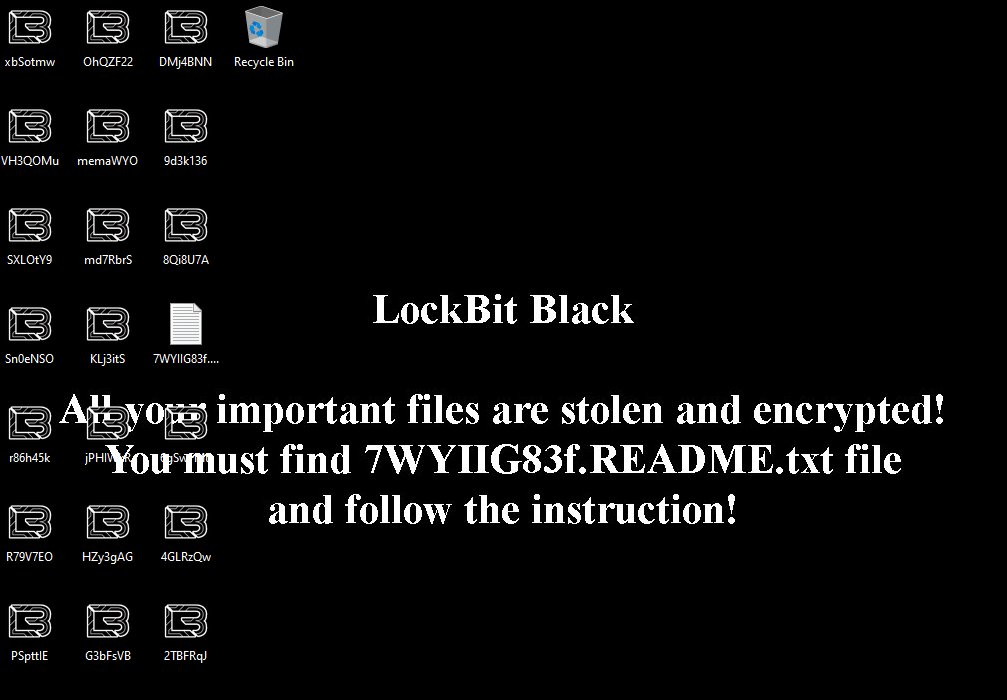 The screen reads: LockBit Black - All your important files are stolen and encrypted! You must find 7WYIIG83f.README.txt file and follow the instruction!