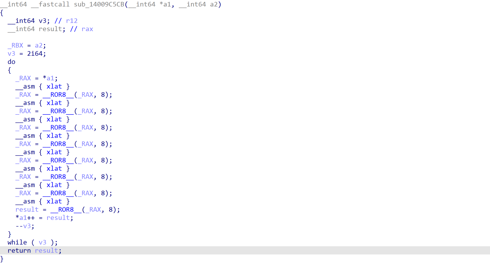 Figure 6. Decryption with XLAT and ROR8 instructions inside packer.