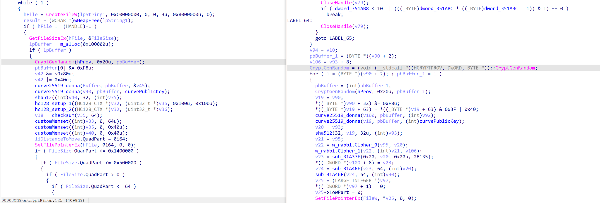 Figure 7. Side-by-side of encryption function in Babuk (left) and HelloXD (right).