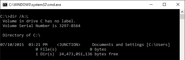 The screenshot shows an example of how a junction is used in NTFS to link one directory into another – in this case, Documents and Settings. 