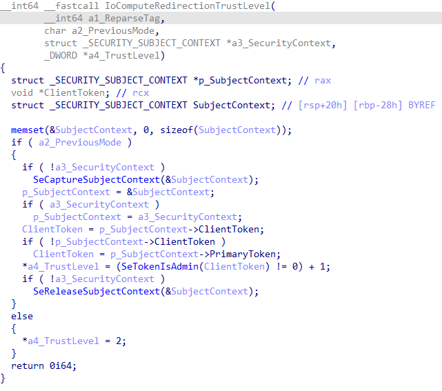 The screenshot shows an example of how, when a junction is created, ntfs.sys calls nt!IoComputeRedirectionTrustLevel to compute the caller's trust level. 