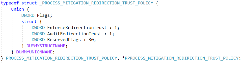 The screenshot shows the two modes available in the ProcessRedirectionTrustPolicy: audit or enforce. 