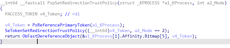 SetProcessMitigationPolicy calls nt!PspSteRedirectionTrustPolicy as shown, enabling the junction mitigation. 