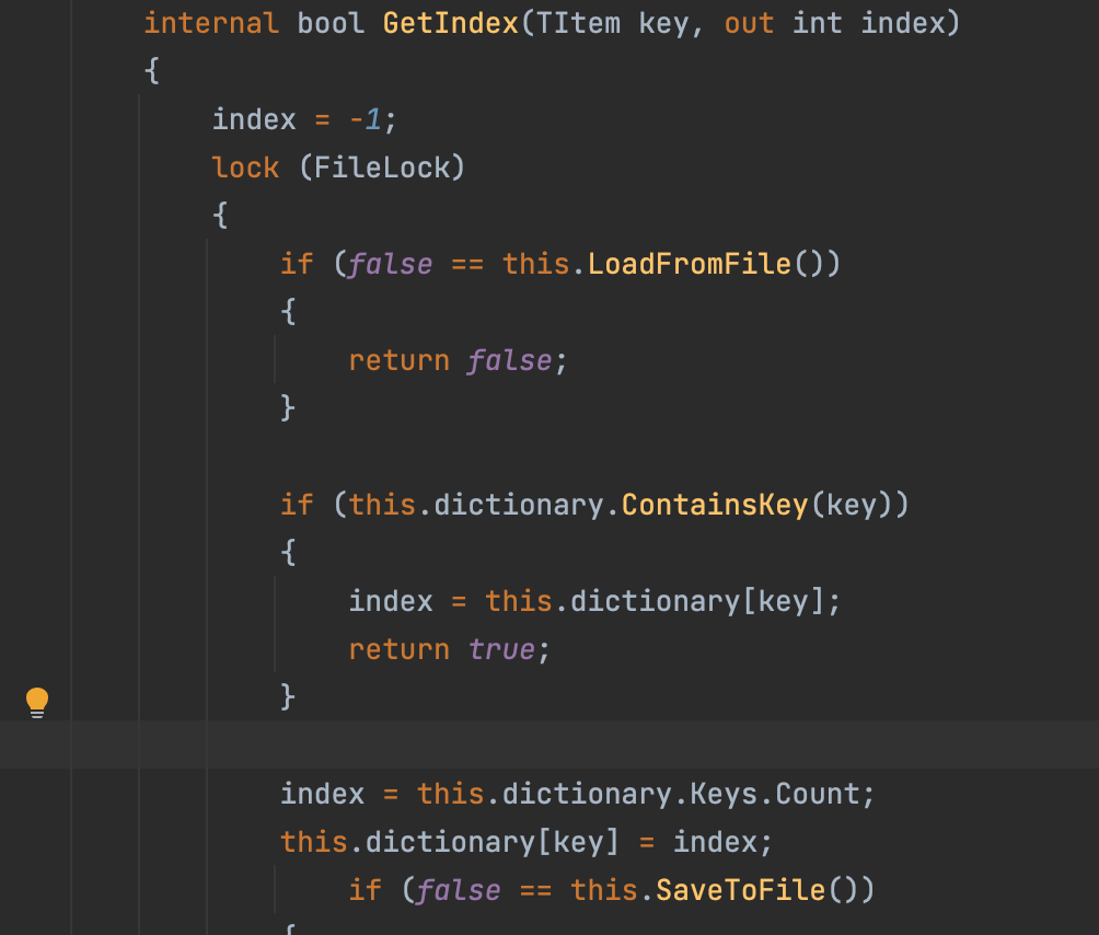 Code shown begins with "internal bool GetIndex(TItem key, out int index)"