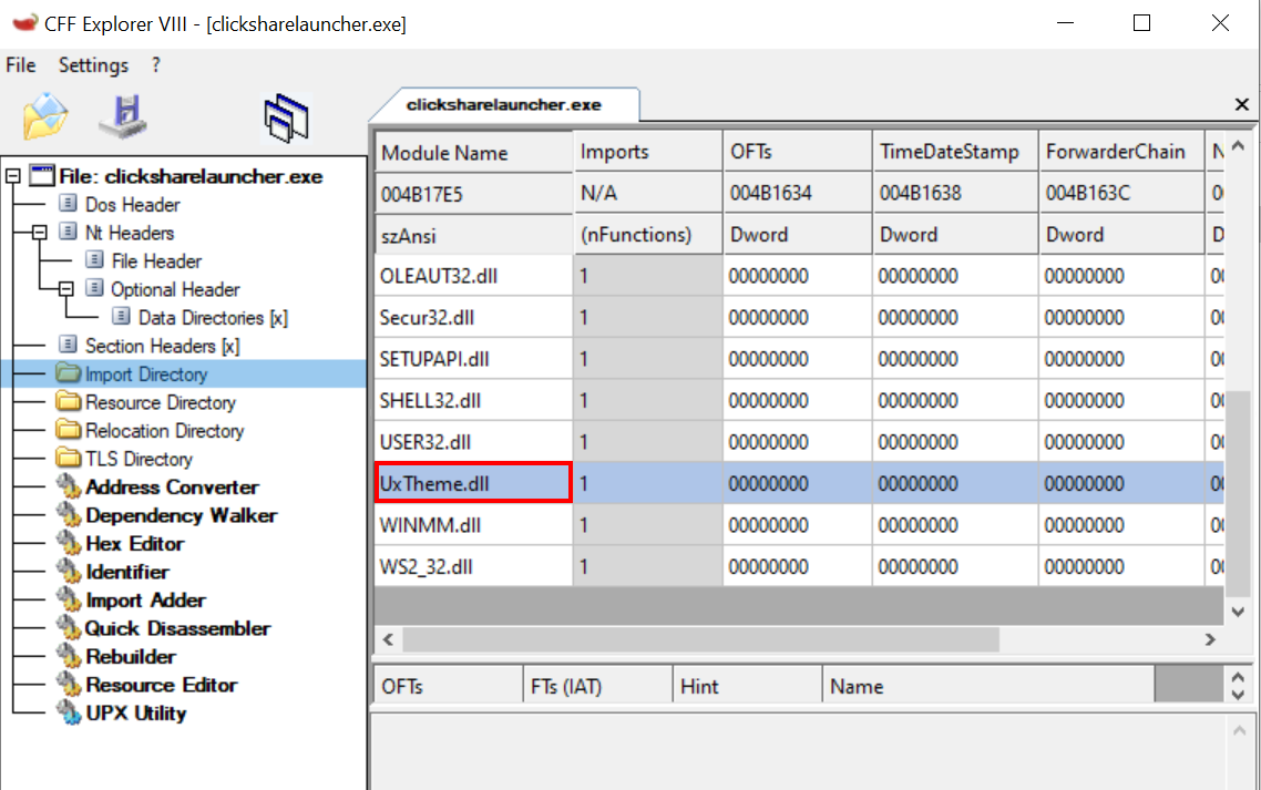 The first stage of Popping Eagle includes a DLL proxy. The screenshot shows the import table of clicksharelauncher.exe, which is being used for DLL Search Order Hijacking. 