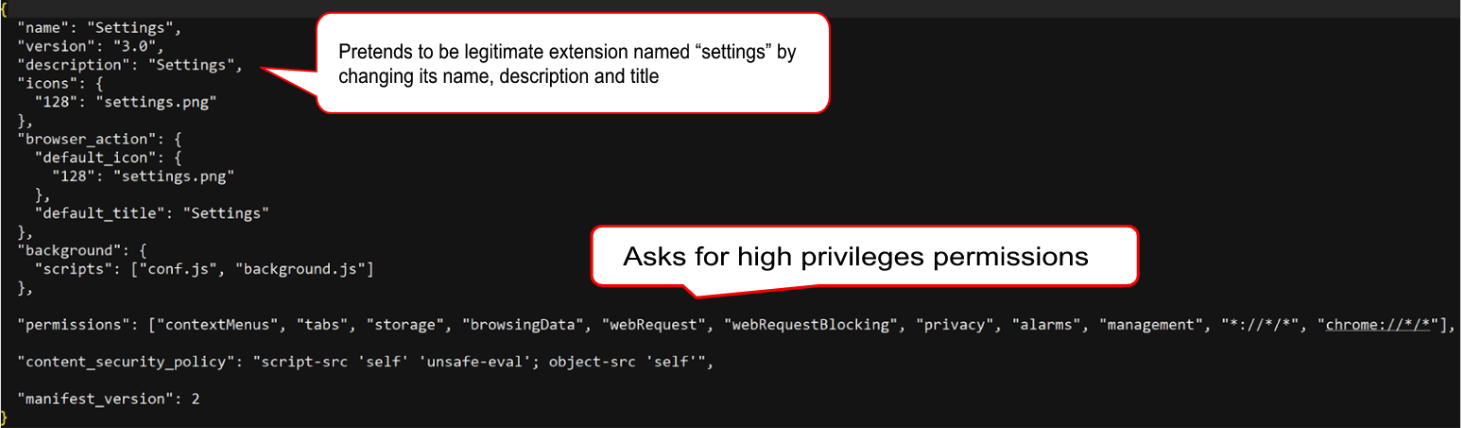 Annotations call out where the downloaded extension pretends to be a legitimate extension named "settings" by changing its name, description and title, and also where is asks for high privilege permissions. 