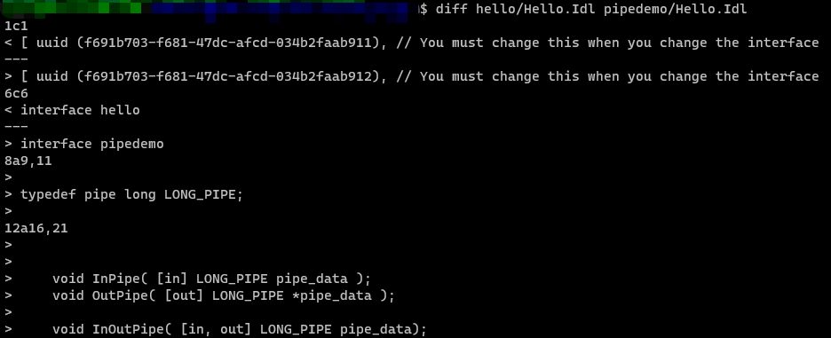 Since all interfaces for programs using RPC must be defined in Microsoft Interface Definition Language (MIDL) and compiled with the MIDL compiler, the researcher added a new pipe type and several functions in the IDL file. This is because the server side needs to use pipe in order to trigger the vulnerability. The related modifications are shown here.