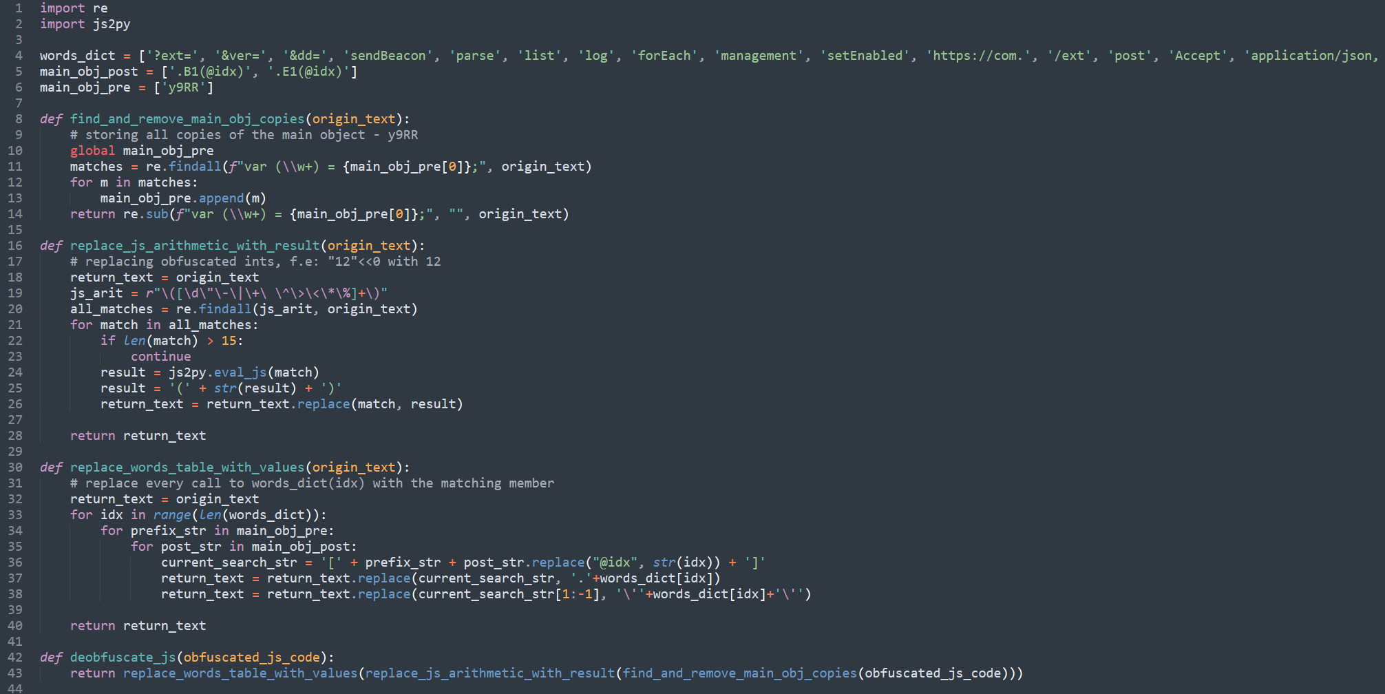 We used a Python script as shown to deobfuscate the remaining sections of the JavaScript code.