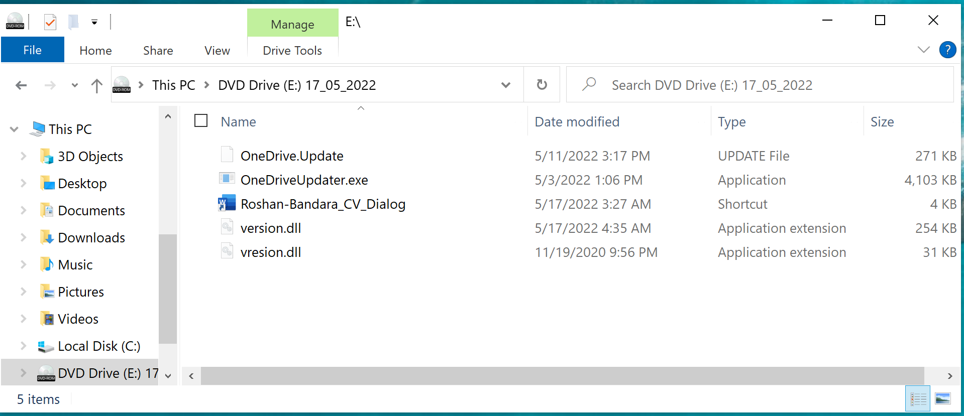 With "show hidden files" enabled, more files are visible: Roshan-Bandara-CV-Dialog, version.dll, vresion.dll, OneDrive.Update, OneDriveUpdater.exe