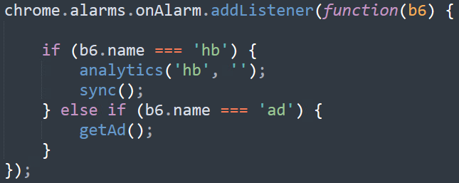 The code shows the result of the alerts being triggered. When the ad alarm is triggered, the extension asks the C2 for an ad. When the hb callback is triggered, it informs the C2 of the current state of the execution. 