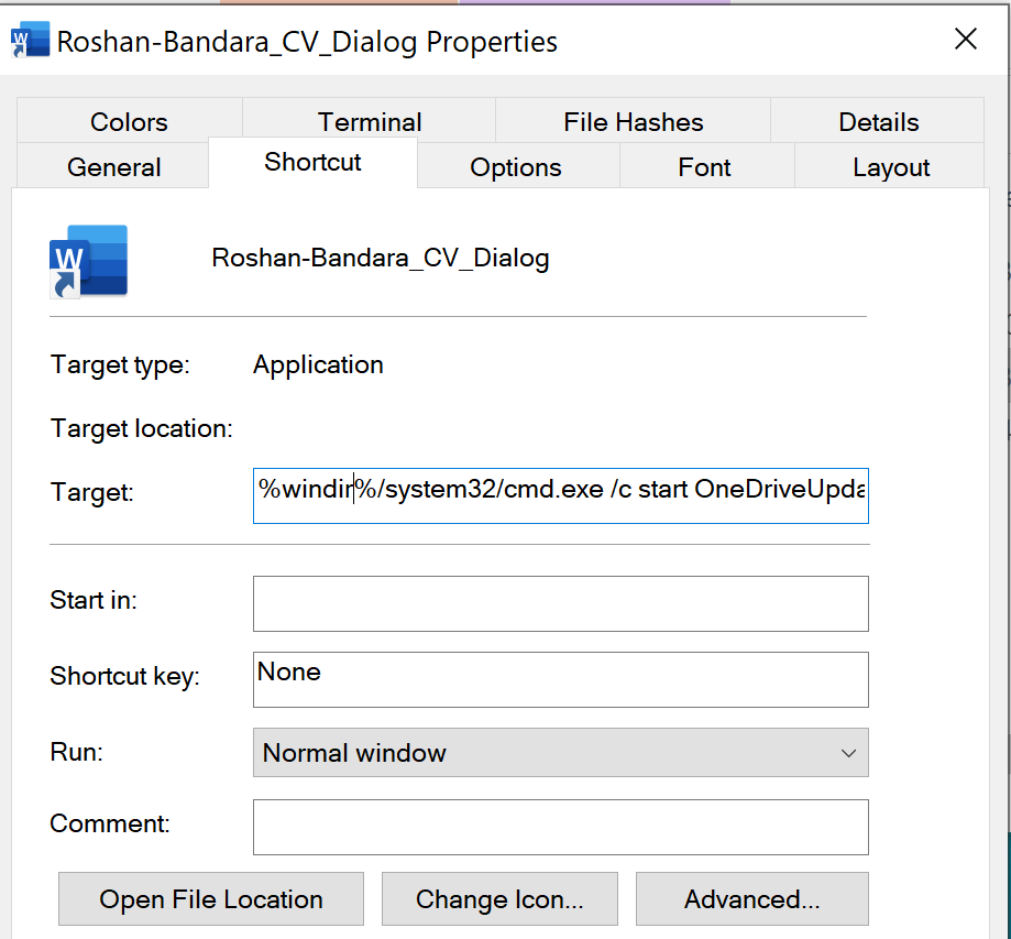 Screenshot of what appears when Roshan-Bandara-CV-Dialog Properties is opened. 