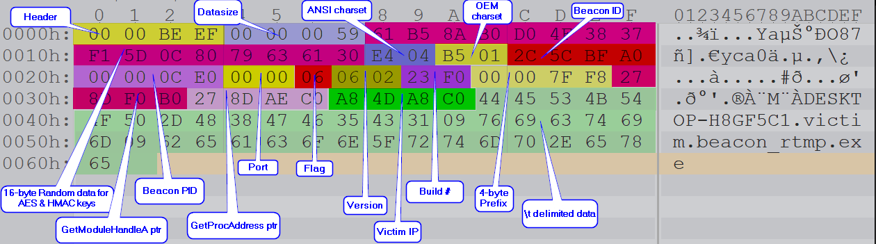 The diagram maps the metadata schema for Cobalt Strike, including a header, the data size field, the ANSI charset, OEM charsets, BeaconID, Process ID, Port, Flag, Version numbers, build version, 4-byte prefix, IP address of the target, \t delimited data, pointers to GetModuleHandleA and GetProc Address and more. 