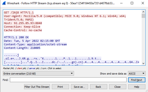 The screenshot shows a Wireshark pcap of the Beacon download. 
