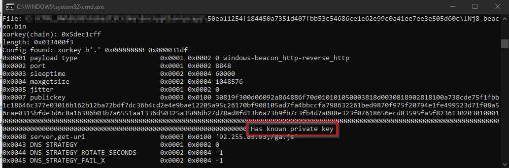 The screenshot shows that the Beacon was generated by a version of Cobalt Strike's software that has leaked RSA private keys. 