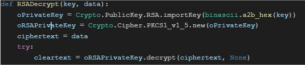 A screenshot of the RSADecrypt() function, which receives two parameters: 1) the private key and 2) the encrypted cookie value. 