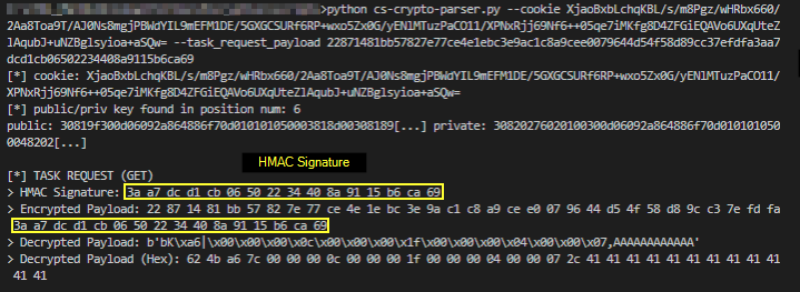 The data parsing and decryption of the task payload is shown. The HMAC signature is outlined in a yellow box. 