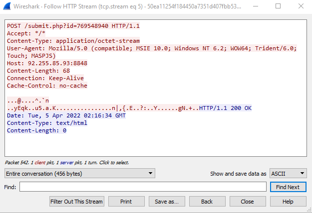 Wireshark screenshot of HTTP POST request. 